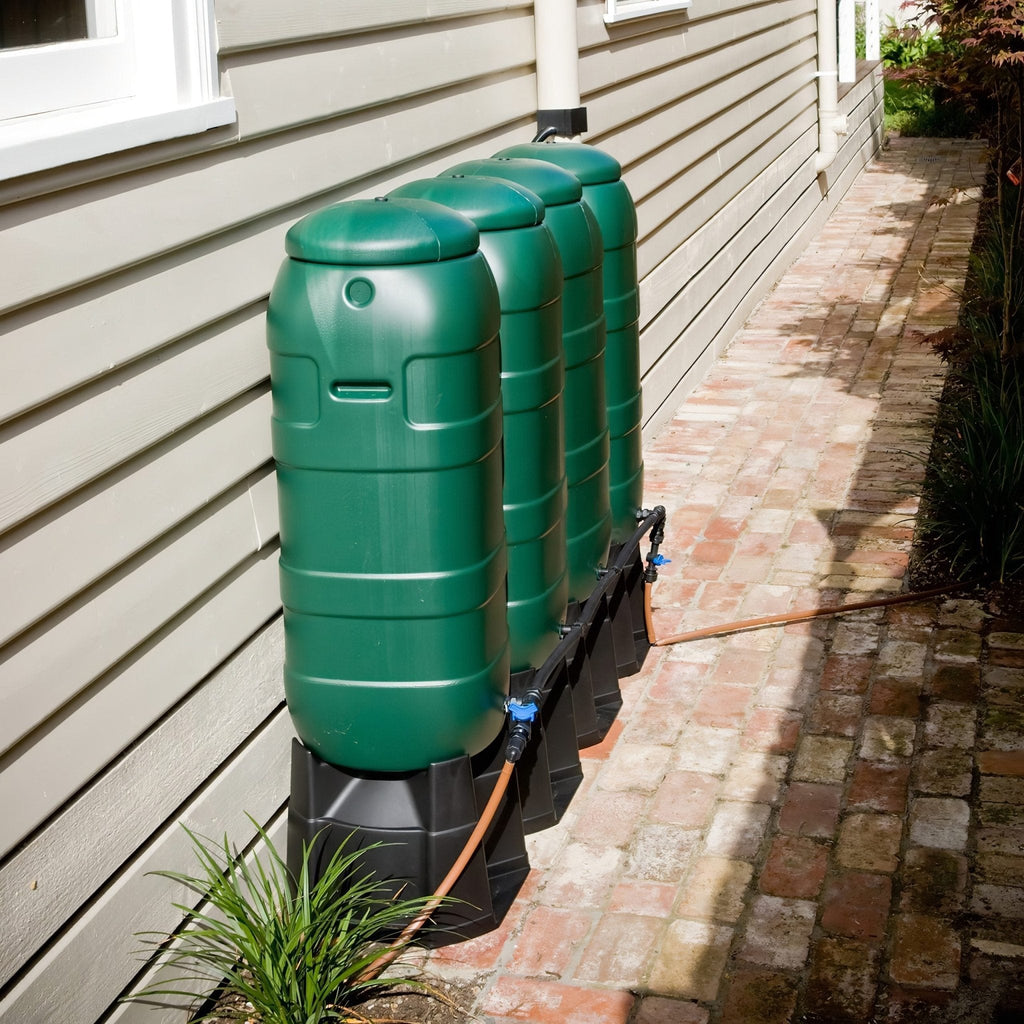 2 x 100L MINItanks with 2 x Stands, Linking Kit & Downpipe Diverter