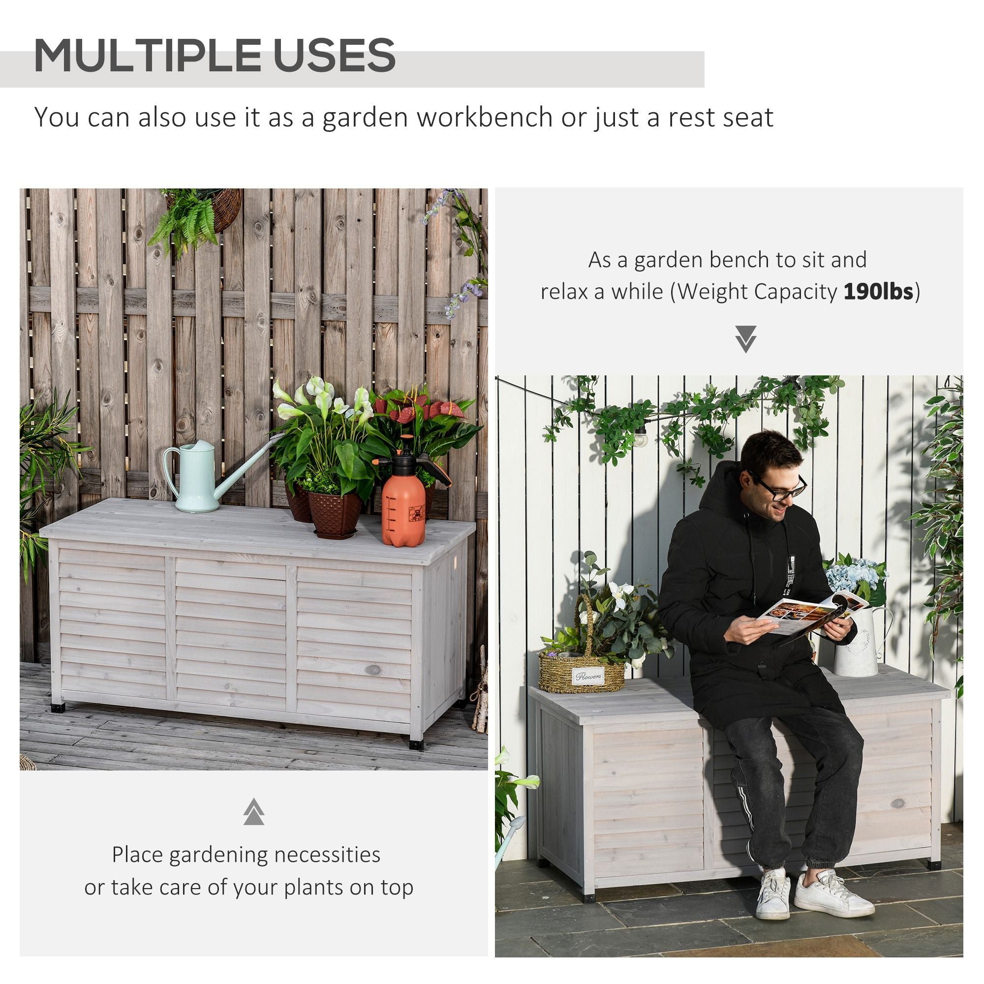 75 Gallon Wooden Deck Box, Outdoor Storage Container With Aerating Gap & Weather-Fighting Finish - Gray